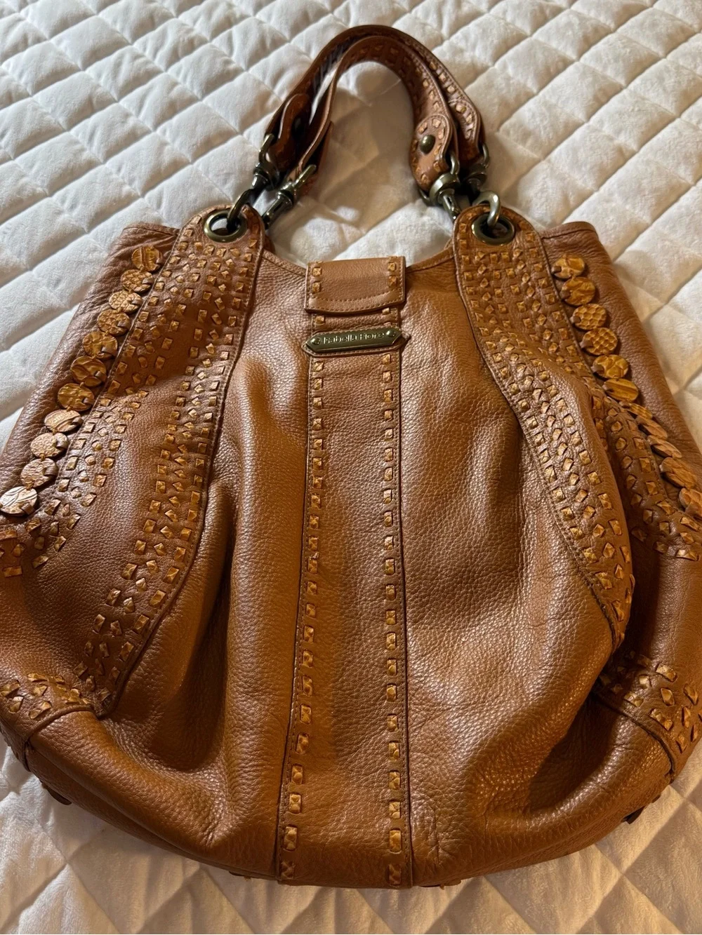 Isabella Fiore Vintage Cognac Brown Leather Whipstitch Applique Hobo Bag
